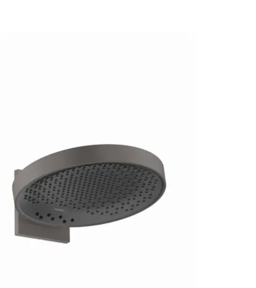 Kopfbrause in Brushed Black Chrome von Hansgrohe, runde Form mit mehreren Düsen und Wandanschluss, präsentiert sich funktional und modern.